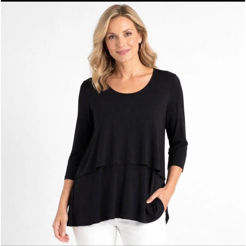 Sympli Black Tiered Jersey Tunic Top Womens Size 6  Lagenlook Minimalist NEW